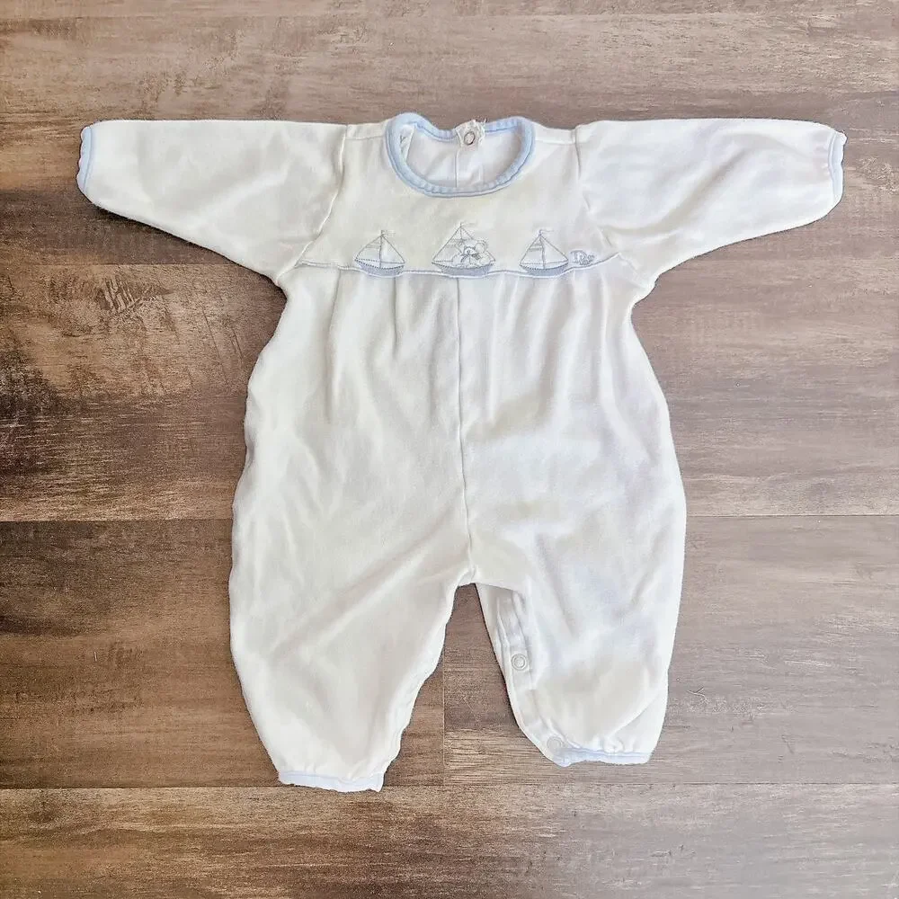 VINTAGE BABY DIOR EMBROIDERED SAILBOAT WHITE VELOUR ROMPER - 3 TO 6 M